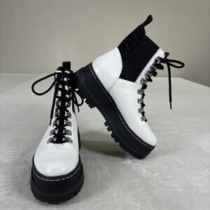 Marc Fisher LTD Womens MLPlune Combat Platform Lace-Up White Black Boots z. 7.5